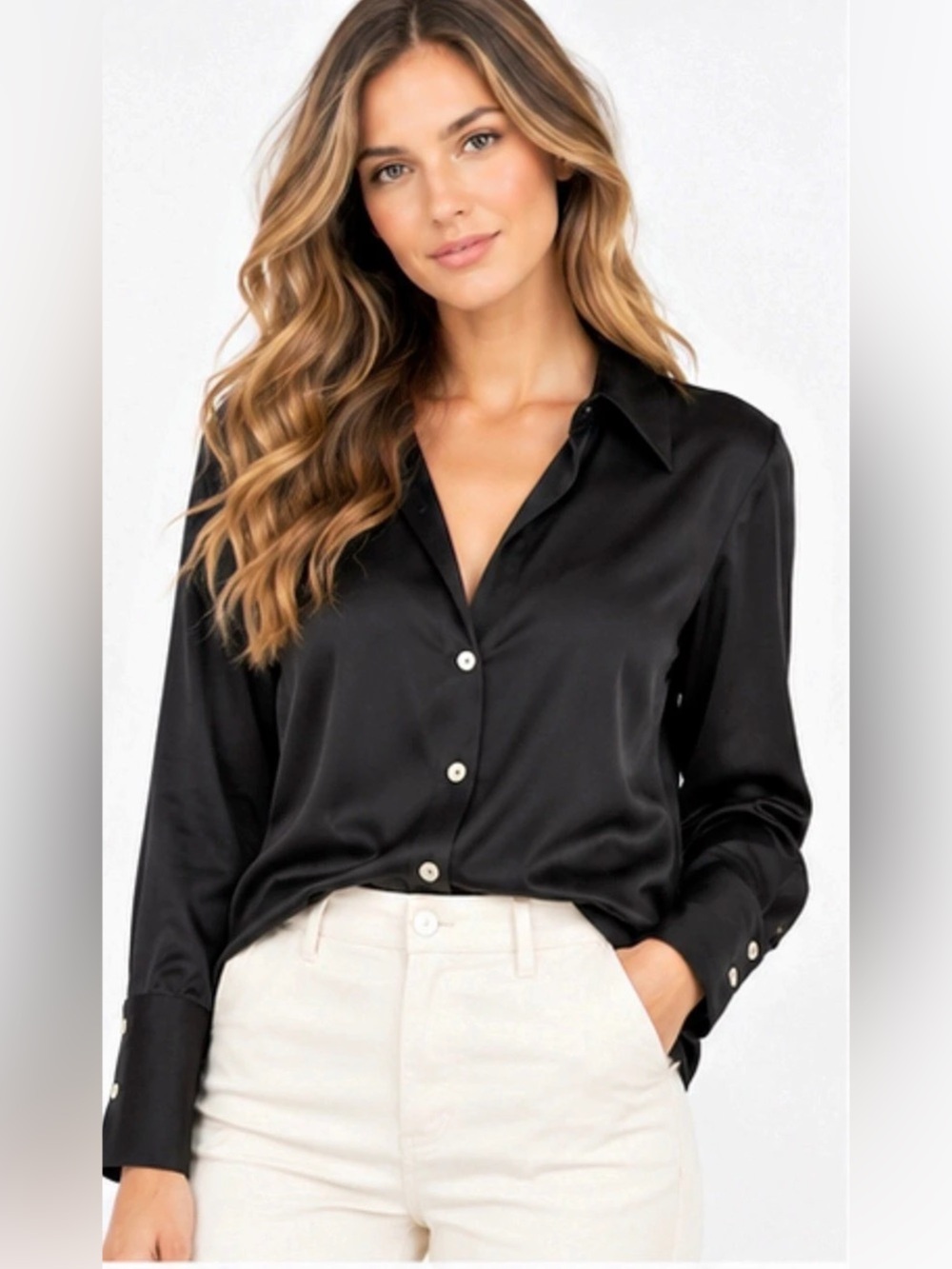 ZARA Black Flowy Satin Effect Button-Down Shirt Blouse – Size Small